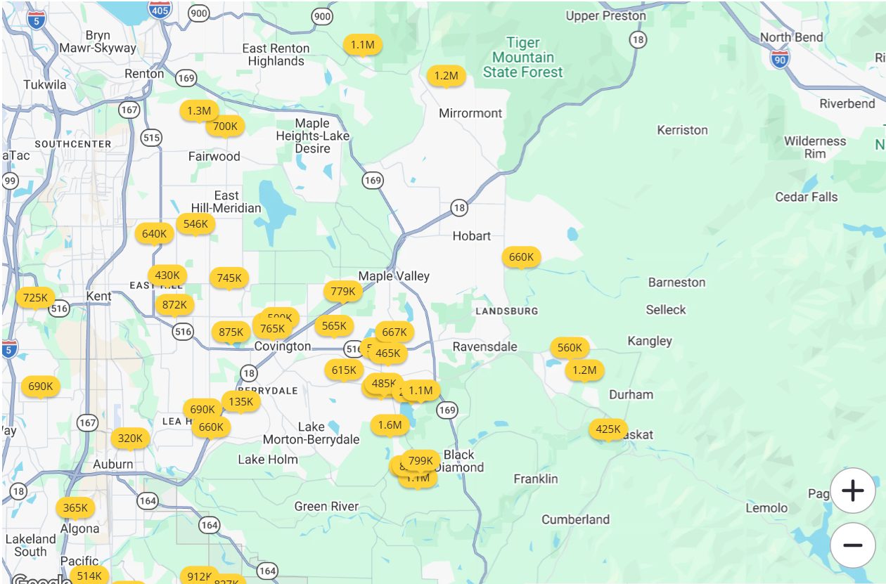 Map of Tyler Freed real estate sales in Maple Valley and surrounding communities